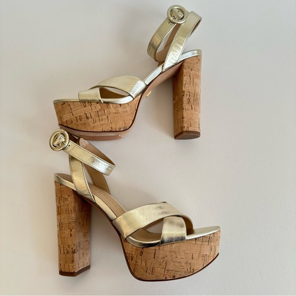 Veronica Beard Gold Lalana Leather Ankle Strap Cork Platform Heel Sandal 6.5 NIB - Picture 10 of 16